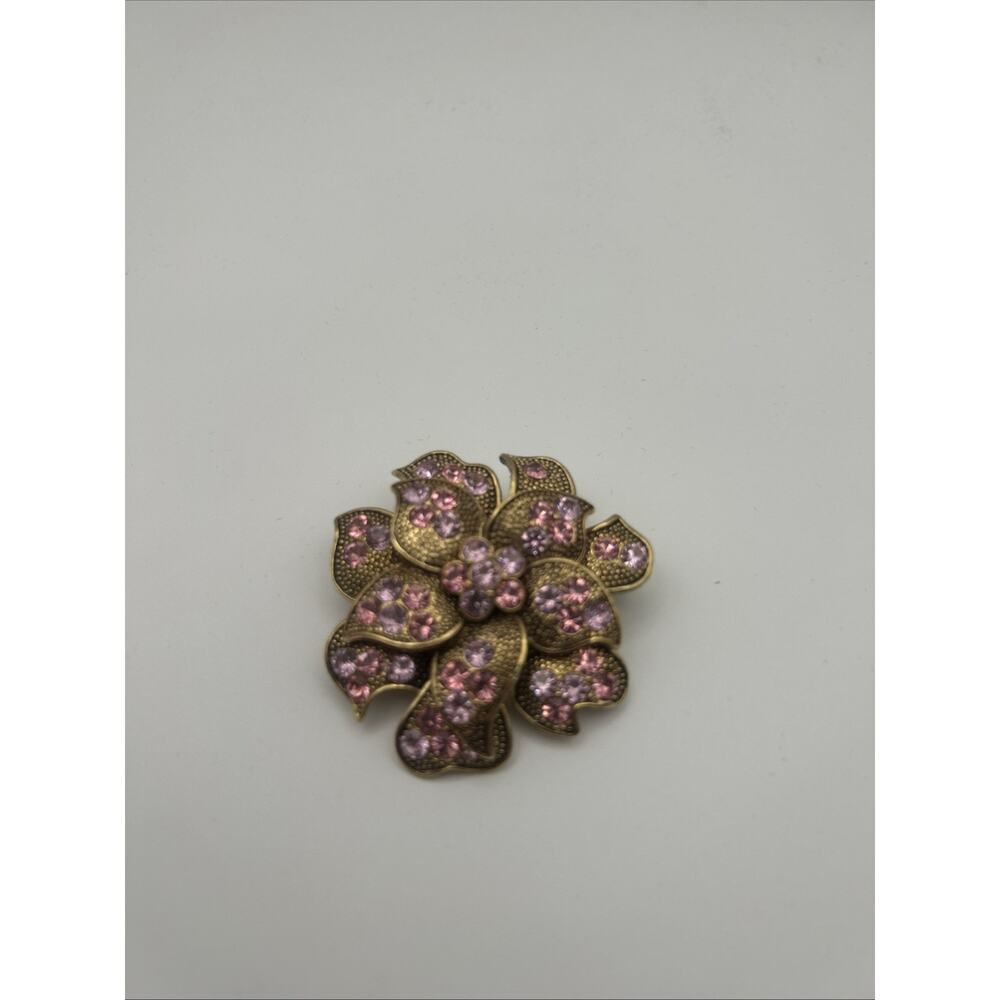Vintage Liz Claiborne Floral Rhinestone Brooch - Pink & Purple Stones Gold-Toned
